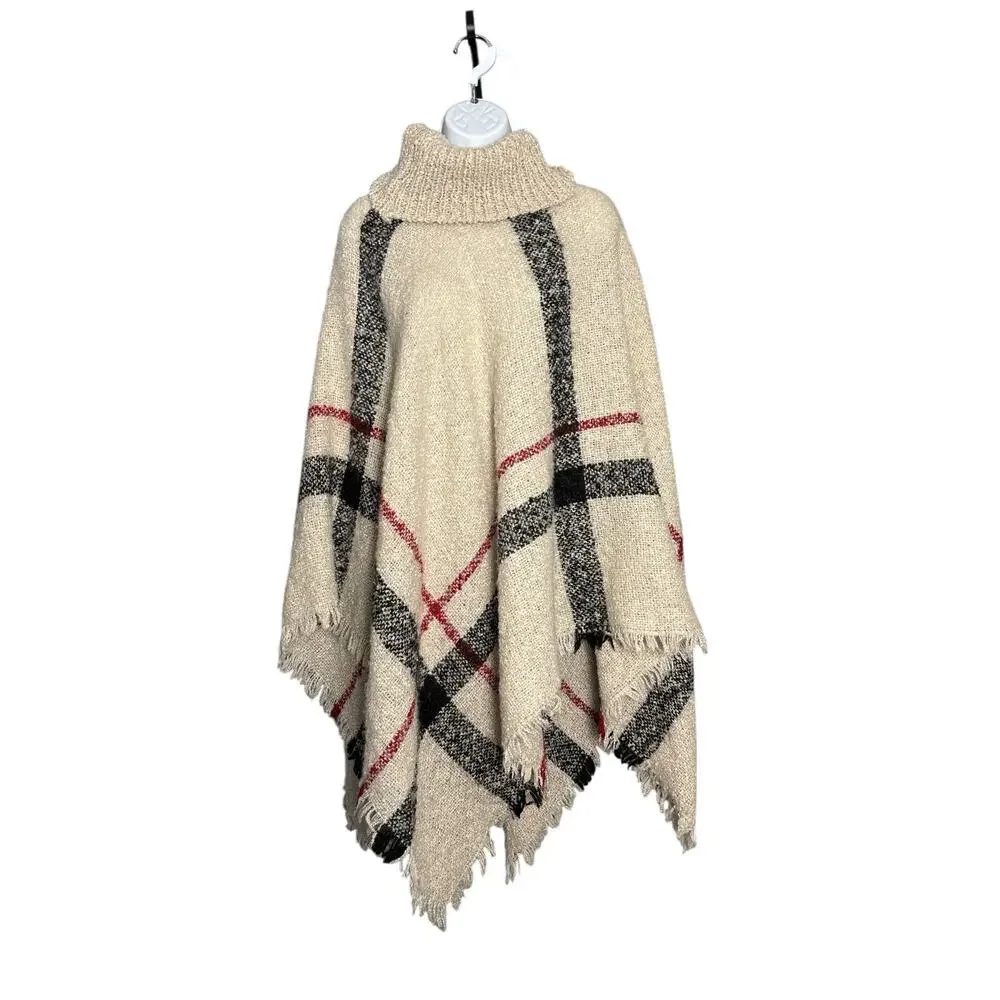 On‎ Blue Plaid Fringe Poncho Sweater